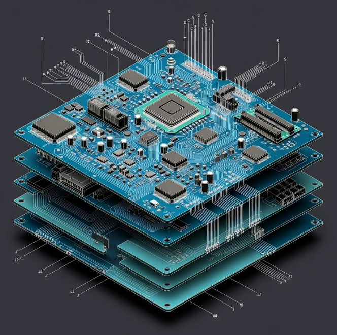 Les suites logicielles traitent le dessin de routage vectorisé de la carte HDI de calcul IA afin de générer une netlist complète, cartographiant chaque connexion électrique sur les canaux à haute vitesse. Ces données sont particulièrement précieuses pour reproduire le routage fonctionnel exact ou copier des réseaux spécifiques de distribution d’alimentation de la carte HDI de calcul IA d’origine.
À partir de cette netlist, les ingénieurs réalisent une reconstruction inverse du schéma électrique original de la carte HDI de calcul IA, établissant une hiérarchie lisible illustrant l’interaction entre les processeurs IA et les sous-systèmes mémoire.
Parallèlement, les composants sont dessoudés puis identifiés afin d’établir une liste BOM (Bill of Materials) précise, permettant aux équipes de reproduire la stratégie d’approvisionnement des composants de la carte HDI de calcul IA ou de remettre à niveau du matériel vieillissant avec des équivalents modernes.