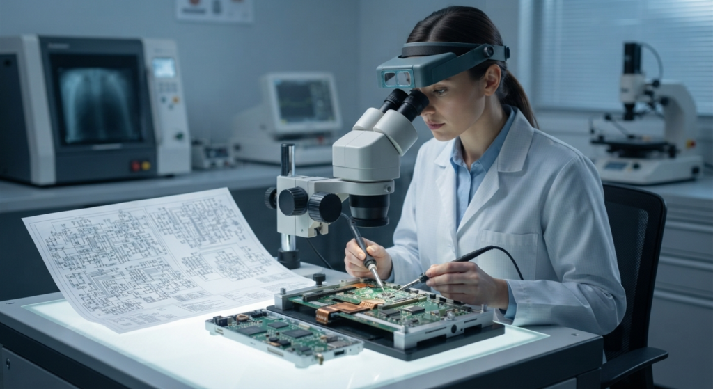 Uma sólida metodologia de teste de engenharia reversa do desenho do layout da PCB não deve se limitar a verificar se a placa de circuito impresso recriada é visualmente semelhante à original. O verdadeiro objetivo é verificar se os documentos de engenharia produzidos por meio da engenharia reversa descrevem com precisão as características elétricas e físicas da PCB original. Um processo completo de validação normalmente abrange o diagrama esquemático, o arquivo de layout da PCB, o arquivo Gerber, a lista BOM (Bill of Materials) e a netlist. Esses documentos são interconectados, portanto, um erro em um deles pode causar inconsistências nos demais. Por exemplo, um footprint incorreto de um componente no arquivo da PCB pode não ser evidente no diagrama esquemático, mas pode causar problemas durante a montagem. Portanto, tanto a comparação entre documentos quanto a verificação da PCB original em relação à documentação devem ser incluídas na metodologia de testes.
