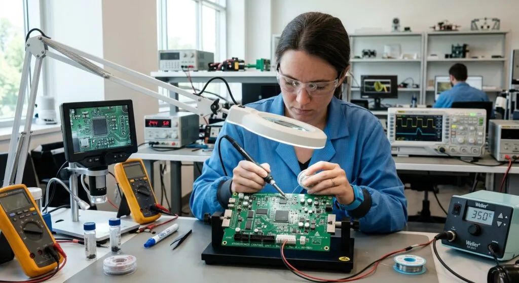 Lorsque les données d'ingénierie d'origine ne sont pas disponibles, la rétro-ingénierie permet de récupérer les informations de conception d'un contrôleur existant e de les transformer en un ensemble documentaire exploitable. Cependant, l'objectif ne doit pas se limiter à simplement copier, cloner, répliquer, duplicer ou reproduire l'apparence physique du PCB d'origine. Les ingénieurs doivent déterminer les relations fonctionnelles entre les circuits et reconstituer avec précision le schéma électronique, le fichier PCB, la netlist, la liste de composants (BOM), le fichier Gerber et le fichier de placement Pick & Place avec orientation des composants. Lors de la reconstruction du layout, une attention particulière doit être portée à la séparation des lignes de puissance à fort courant et des signaux capteurs de faible niveau, à la continuité des références de masse, aux distances d'isolement entre des domaines de tension potentiellement différents, au brochage des connecteurs, aux dégagements thermiques autour des composants de puissance et au routage des signaux de contre-réaction sensibles. Un fichier Gerber récupéré doit représenter avec précision le cuivre, le masque de soudure (solder mask), la sérigraphie (silkscreen) et les informations de perçage, tandis que la liste de composants (BOM) doit correspondre exactement aux composants et empreintes (footprints) figurant dans le fichier PCB.