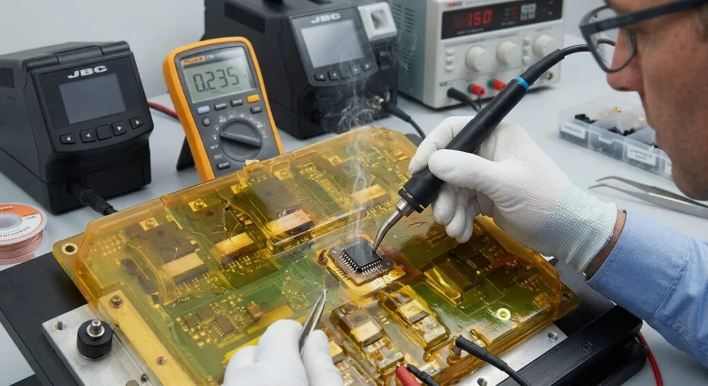 একটি SERVO amplifier PCB board হলো একটি sophisticated electronic assembly, যা servo motor নিয়ন্ত্রণের জন্য current, voltage, speed, position এবং torque নিয়ন্ত্রণ করার উদ্দেশ্যে ডিজাইন করা হয়। যখন কোনো original board obsolete, damaged, unavailable বা source করা কঠিন হয়ে যায়, তখন project-এর উদ্দেশ্য অনুযায়ী original design-কে clone, copy, replicate, duplicate, restore, recover, refurbish, অথবা rework করার জন্য reverse engineering ব্যবহার করা যেতে পারে। একটি professional reverse engineering project সাধারণত physical board পরীক্ষা করা এবং এর schematic diagram পুনর্গঠন করার মাধ্যমে শুরু হয়, যেখানে component এবং functional circuit-এর মধ্যে electrical relationship দেখানো হয়। Engineers একটি BOM list-ও তৈরি করেন, যেখানে component-এর type, specification, quantity এবং manufacturer part number শনাক্ত করা হয়। PCB manufacturing-এর জন্য প্রয়োজনীয় Gerber file তৈরি করা যেতে পারে, যেখানে copper layers, solder masks, silkscreens এবং board outlines-এর বিবরণ থাকে। একটি netlist electrical connections সম্পর্কে বিস্তারিত তথ্য প্রদান করে, অন্যদিকে একটি layout drawing component এবং PCB traces-এর physical arrangement নথিভুক্ত করে। এছাড়াও, একটি pick&place orientation file automated SMT assembly-এর জন্য প্রয়োজনীয় component coordinates এবং orientation প্রদান করতে পারে। এই engineering elements একসঙ্গে original SERVO amplifier PCB board-কে সঠিকভাবে পুনরুৎপাদনে সহায়তা করে এবং ভবিষ্যতের manufacturing, maintenance এবং repair-এর জন্য technical foundation প্রদান করে।