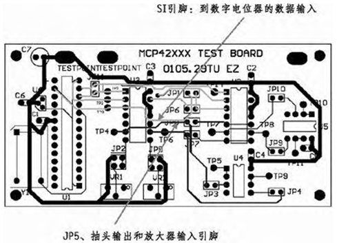 This is the first attempt at wiring the circuit shown in Figure 2. This configuration produces irregular noise on the analog line, because the data input code on a specific digital trace changes with the programming requirements of the digital potentiometer