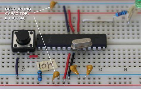 Decoupling acts as an energy storage device and stabilizes the voltage in two ways