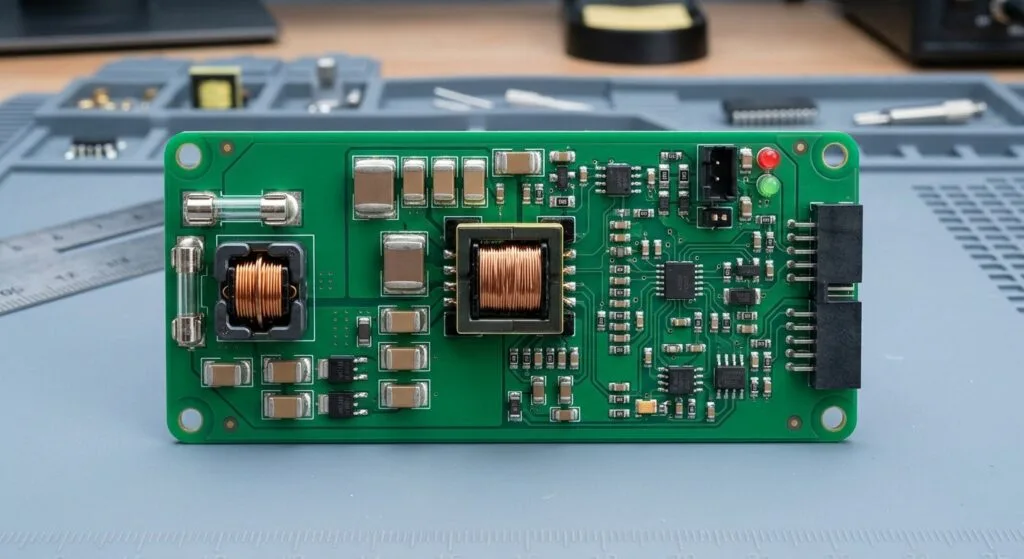 A switch-mode supply looks like the simplest board in an industrial cabinet: rectifier, bulk capacitor, controller, transformer, output capacitors. The parts list is short and mostly commodity; the design is not. What separates a supply that starts reliably on a cold morning from one that oscillates under load lives entirely in the loop — and the loop is the one thing copper does not record. That is why PCB reverse engineering of a power board is less about tracing tracks than recovering intent: which quantity the designer regulated, how the error crosses the isolation barrier, and how much phase margin was left deliberately. The same discipline runs through an established power-board workflow.